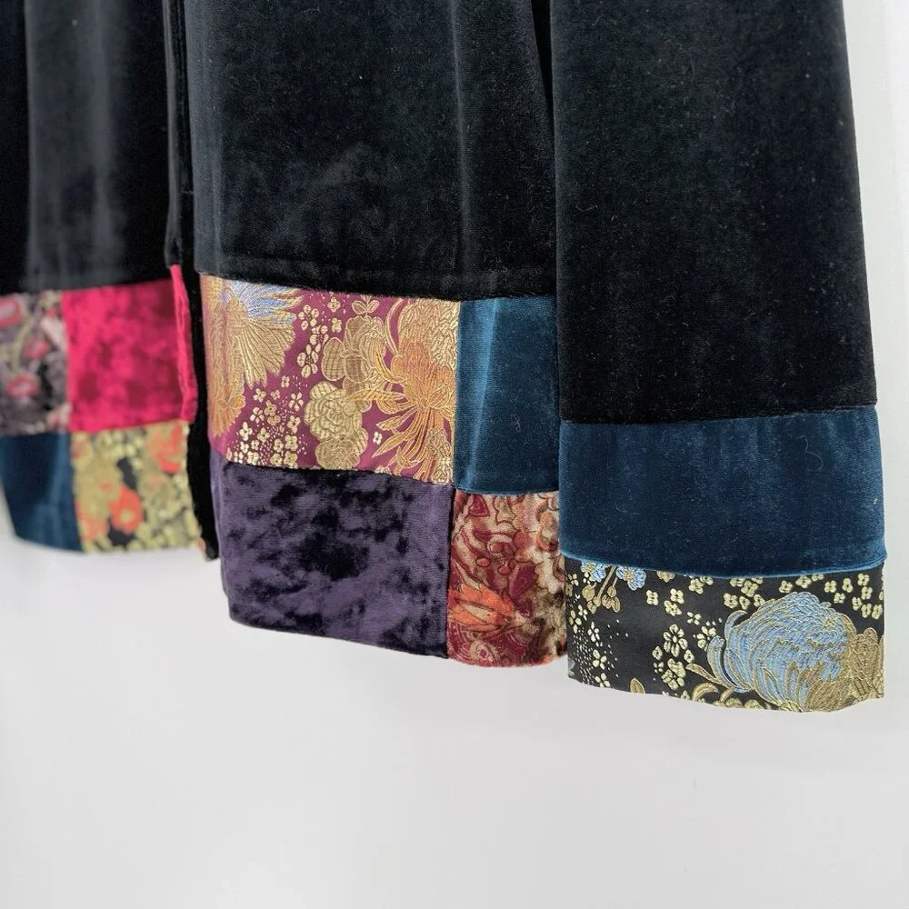 Notations‎ Black Velvet Patchwork Jacquard Bohemian Button Jacket L Art To Wear
